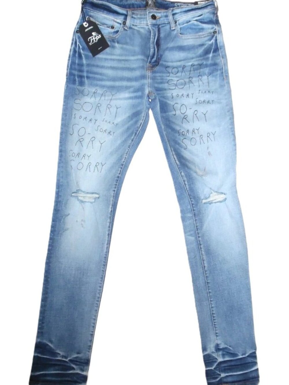 New PRPS WINDSOR Tapered Skinny Fit Stretch Jeans Sorry Graffiti Writing 33 x 34